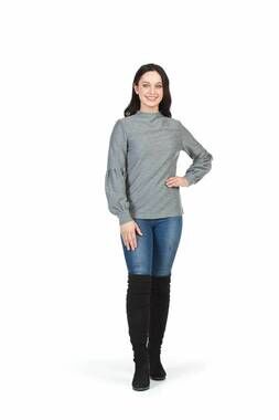 NEW PAPILLON ribbed high neck puff sleeve sweater in grey